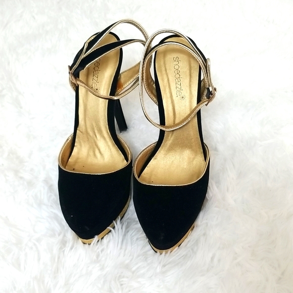 New Shoedazzle Black Suede and  Gold Platform Heels size 8 - Picture 2 of 7